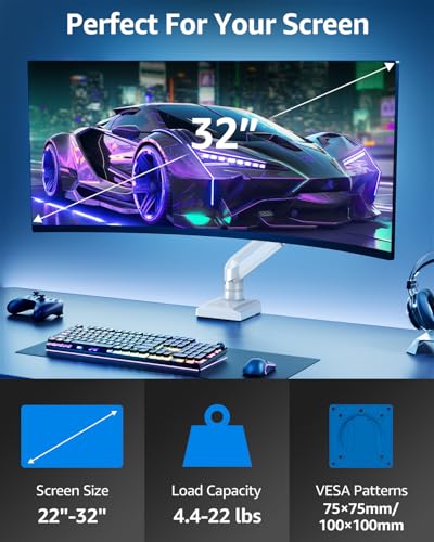 Single Monitor Mount for 32 27 24 22 inch Screen, Monitor Arm Holds 4.4-22 lbs, Monitor Desk Mount, Gaming & Home Office Use, VESA 75x75mm & 100x100mm, Freelift Pro White