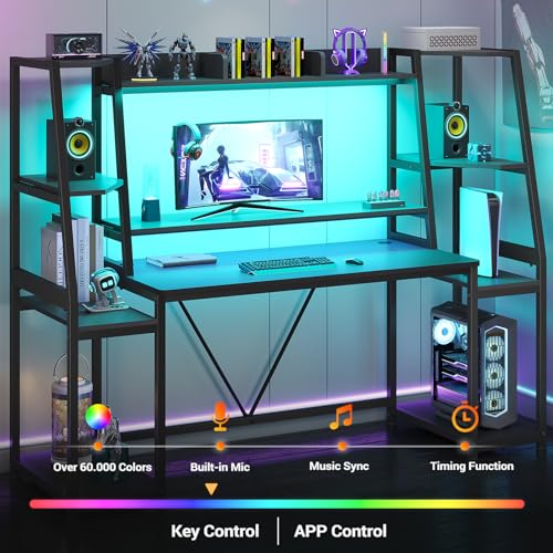 SEDETA Gaming Desk 65.7'' with LED Lights, Hutch and Storage Shelves, Computer Desk with Monitor Stand, Large PC Gamer Desk Workstation, Ergonomic Gaming Table for Bedroom, Living Room, Black