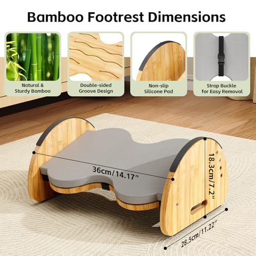 Ergonomic Under Desk Bamboo Footrest, 3-in-1 Reversible Rocking Footrest with Footpads, 4 Adjustable Heights Office Foot Stool, Large Anti-Slip Surface, Improves Posture and Blood Circulation