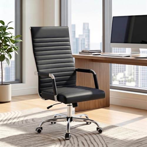 Furmax Ribbed Office Chair High Back PU Leather Executive Conference Chair Adjustable Swivel Chair with Arms, Black