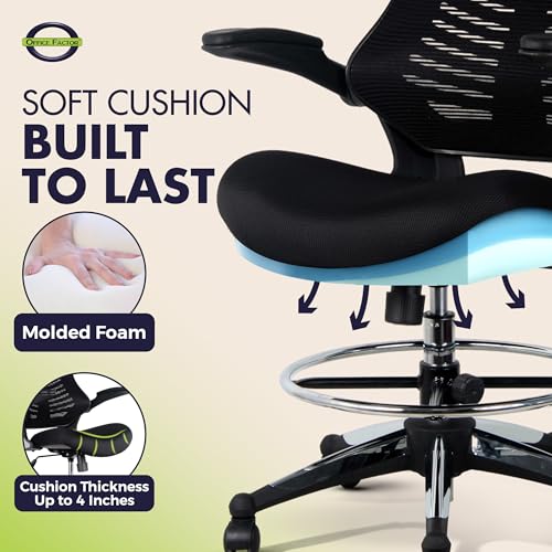 OfficeFactor 300 Lbs Tall Drafting Chair with Adjustable Foot Ring & Flip-Up Arms – Ergonomic Standing Desk Chair, Breathable Mesh Office Chair for Tall Desks, Counter Height & Reception(Black)