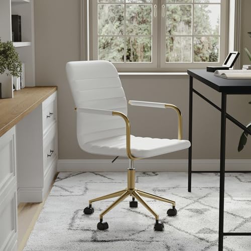 Martha Stewart Taytum Swivel Task Chair with Armrests for Home Office in White Faux Leather with Polished Brass Frame