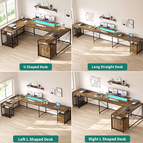 YITAHOME U Shaped Desk with Power Outlets & LED Lights, 79" Reversible L Shaped Desk with Drawers, Corner Computer Desk Office Desk with Monitor Stand & Storage Shelves, Rustic Brown