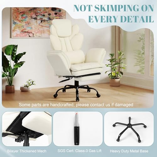 Flip Armrests Criss Cross Office Chair, Reclining Office Chair with Foot Rest, Adjustable Headrest, Massage Waist Pillow, Cross Legged Big and Tall Desk Chair Wide Seat Vanity Chair, PU Leather White