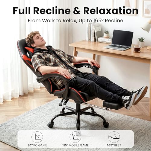 Ray Bear Gaming Chair, Ergonomic Computer Chair with Footrest and Lumbar Support, Height Adjustable Office Chair with 360° Swivel Seat and Headrest (Red & Black)