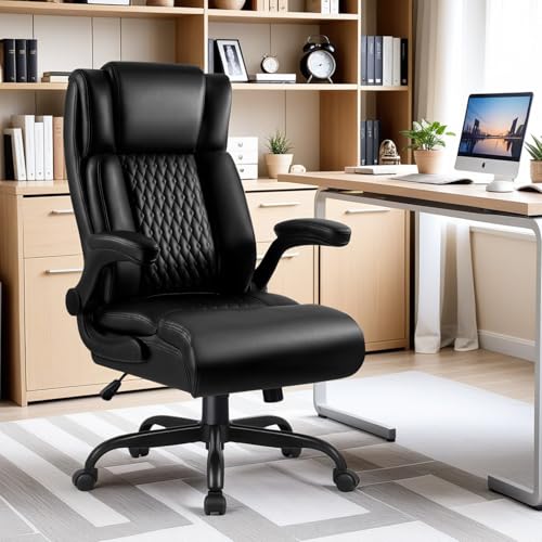 VENDORZ Office Chair, Big and Tall 400LBS Heavy Duty Executive Office Desk Chair with Flip-up Armrest, Ergonomic Swivel High Back Office Chairs with Lumbar Support, PU Leather (Black)