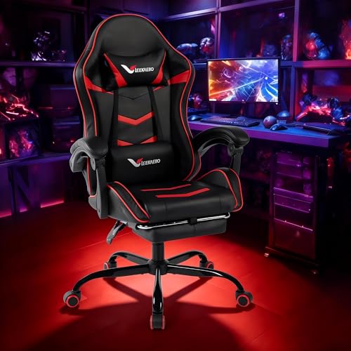 Gaming Chair for Adults, Ergonomic Gamer Chair with Footrest, Spring Pocket Cushion, Computer Office Desk Reclining Chair with Enlarged Metal Base, Linkage Armrests, Lumbar & Headrest (Black & Red)