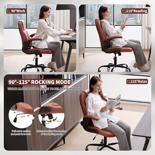 Nexthro Executive Office Chair PU,Leather Office Chair with Wheels,360° Swivel Rolling Chair with Padded Arms,Ergonomic Computer Chair with Lumbar Support for Short People Use(Brown)