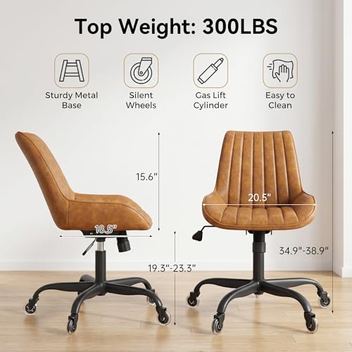 Armless Office Chair, Mid Back Modern Desk Chair with Rubber Wheels, 360 Swivel PU Leather Office Chair No Arms, Adjustable Height Small Computer Chair, Armless Desk Chair for Office, Brown