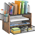 DAOUTIME 4-Tier Mesh Desk Organizer, Wooden Desk File Organizer with 5 Vertical File Holders and 2 Pen Holders, Desktop Organizers and Accessories with Drawer for Home Office