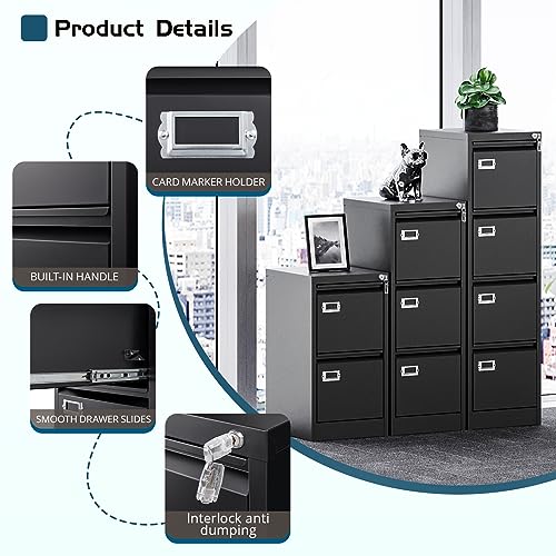 MIIIKO 4 Drawer File Cabinet with Lock, Metal File Cabinets for Home Office,Vertical Filing Cabinets Office Storage Cabinet for Letter,Legal,A4,File Folders(Black)
