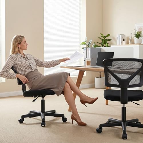 OLIXIS Armless Office Chair, Ergonomic Desk Chair with Wheels, Mesh Back, Removable Washable Foam Cushion, Height Adjustable Rolling Swivel Chairs for Small Space, Home, Office, Black