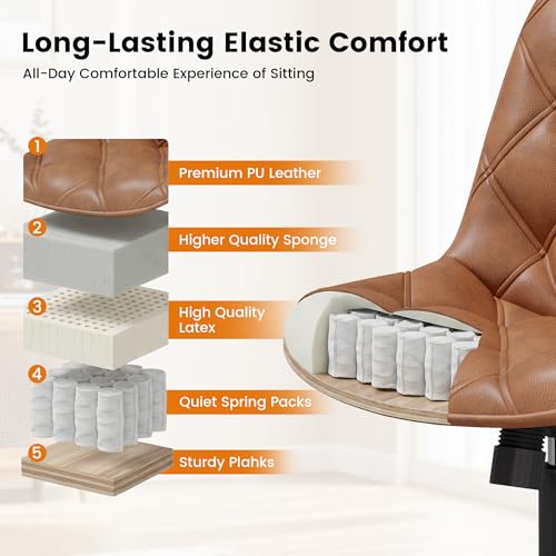 Armless Office Chair, Mid Back Modern Desk Chair with Rubber Wheels, 360 Swivel PU Leather Office Chair No Arms, Adjustable Height Small Computer Chair, Armless Desk Chair for Office, Brown