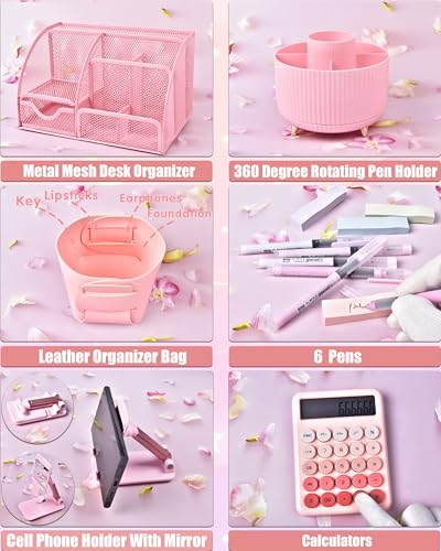 LXEVIHK 21Pcs Pink Desk Organizers and Accessories With Mesh Desk Organizer and 360°Rotating Pen Holder and a Lot of Office Pink Office Supplies Beautifully Presented in a Gift Box