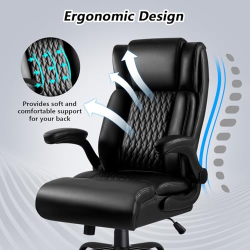 VENDORZ Office Chair, Big and Tall 400LBS Heavy Duty Executive Office Desk Chair with Flip-up Armrest, Ergonomic Swivel High Back Office Chairs with Lumbar Support, PU Leather (Black)