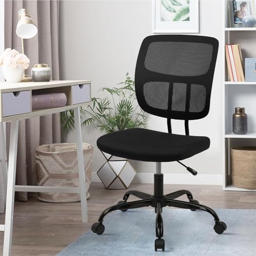CLATINA Armless Home Office Chair, Small Ergonomic Mesh Back Desk Chair with Lumbar Support and Wheels, Adjustable Height 360° Swivel Rolling Computer Task Chair for Conference Waiting, Black