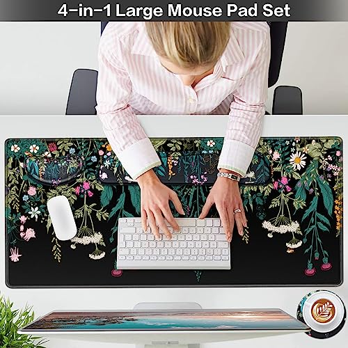 Desk Mat, Large Gaming Mouse Pad with Wrist Rest, 4in1 XXL Mousepad+Keyboard Wrist Rest+Mouse Pad Wrist Support+Cup Coaster Set Ergonomic Floral Computer Desk Arm Wrist for Decor Home Office Women