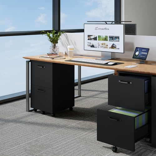 Sweetcrispy 2 Drawer Filing Cabinet Black, Rolling Wood File Cabinets with Printer Stand Under Desk Storage Lockable Wheels, Home Office Organizer