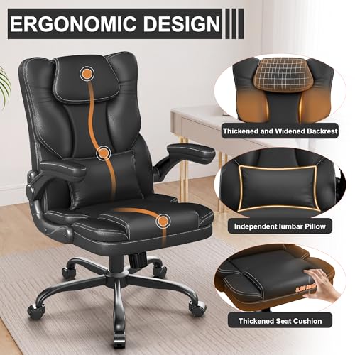 Ergonomic Office Chair with Flip-up Armrests, 300lbs Mid Back Computer Office Desk Chair with Lumbar Support, Executive Leather Chair with Rocking Function Adjustable Height for Home Office