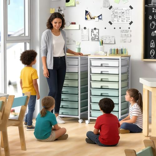 Rolling Storage Utility Cart Organizers with 8 Drawers and Wooden Tabletop for Living Room,Office,Classroom,Craft Room,Bedroom,Dorm,Green