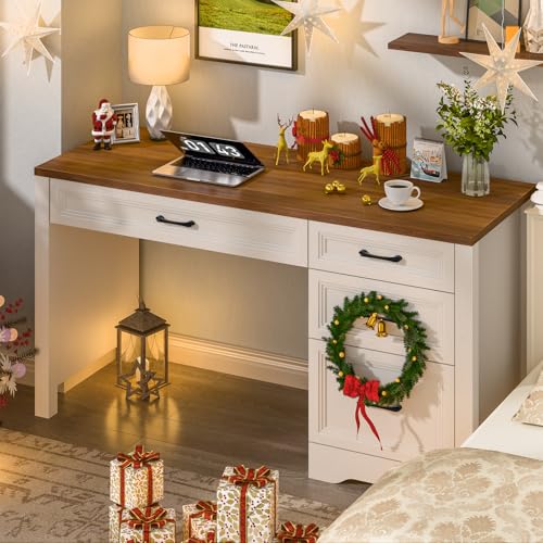 Vabches Farmhouse Executive Desk with Storage and Ample File Drawer, Rustic Large Home Writing Desk for Bedroom, White