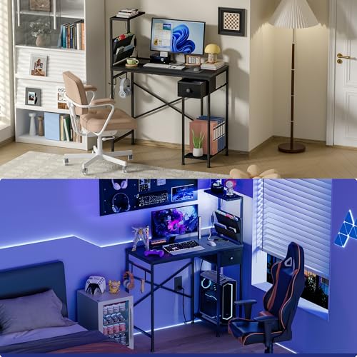 33.7 Inch Small Gaming Desk Table with LED Lights & Power Outlets, Compact L Shaped Gaming Computer Desk with CPU Stand, Drawer & Storage, Corner PC Desk for Kids, Home Office , Bedroom, Black