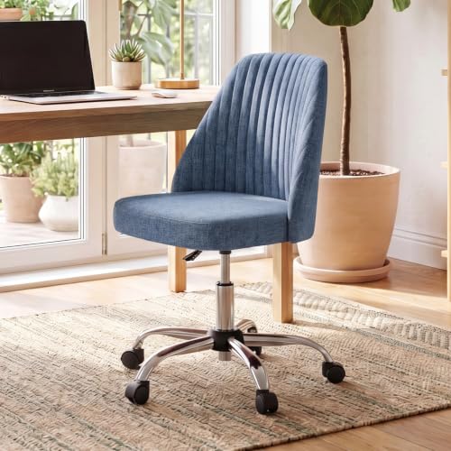 DUMOS Office Chair, Comfy Desk Chair Rolling Vanity Swivel Task Chairs with Wheels, Wide Seating Armless Height Adjustable Computer Chairs for Home,Bedroom,Student,Adults, Blue