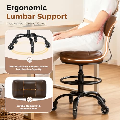 FREEKYROCK Office Drafting Chair with Footrest, Tall Height Adjustable Stool with Back Support, Heavy Duty Rolling Stool Chair with Wheels for Office Home Kitchen Bar Shop Guitar Studio Vanity, Brown