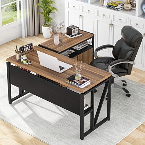 Tribesigns 55 inches Computer Desk with Bottom Storage Shelf Home Office Desk Writing Table for Workstation, Dark Walnut + Steel Leg, Cabinet not Included (Walnut, 55-inch -with Shelf)