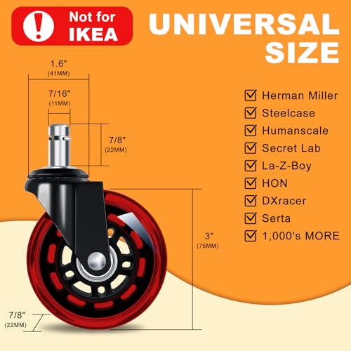 FreekyFit Office Chair Wheels for Casters Replacement - 3" Rubber Wheels for Computer Gaming Desk Caster Smooth & Safe Rolling for All Floors Including Hardwood and Carpet - Set of 5 - Red