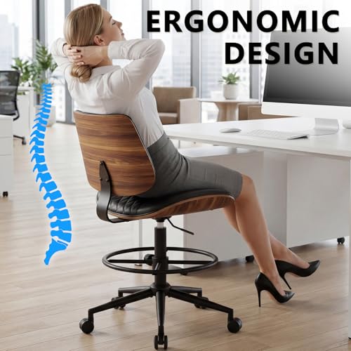 BERYTH Drafting Chair with Adjustable Footrest, Armless Modern Tall Office Chair for Standing Desk, PU Leather Swivel Stool in Curved Bentwood Style, Ergonomic Rolling Walnut Chair for Office(Black)