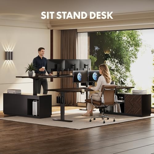 FLEXISPOT L Shaped Executive Standing Desk with Drawers, Large Electric Height Adjustable Desk, Sit Stand Desk for Home Office and Workstation, PC Cabinet (71"x32" Black Walnut)