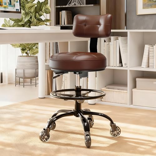 FREEKYROCK Office Drafting Chair with Footrest, Tall Height Adjustable Stool with Back Support, Heavy Duty Rolling Stool Chair with Wheels for Office Home Kitchen Bar Shop Guitar Studio Vanity, Brown