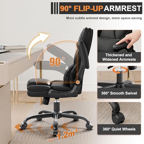 Ergonomic Office Chair with Flip-up Armrests, 300lbs Mid Back Computer Office Desk Chair with Lumbar Support, Executive Leather Chair with Rocking Function Adjustable Height for Home Office