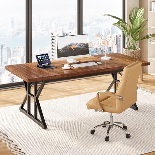 LITTLE TREE 70.8-Inch Office Desk, Wooden Executive Office Desk, Modern Work Desk, Large Farmhouse Writing Table Computer Desk for Home, Brown-Black