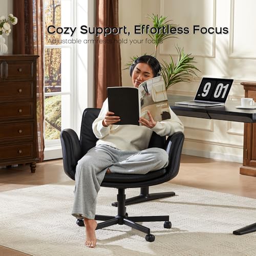 amseatec Criss Cross Office Chair, PU Leather Vanity Chair with 5-Level Adjustable Armrests & Swivel, Ergonomic Criss Cross Chair for Home Office Bedroom Makeup（Black）