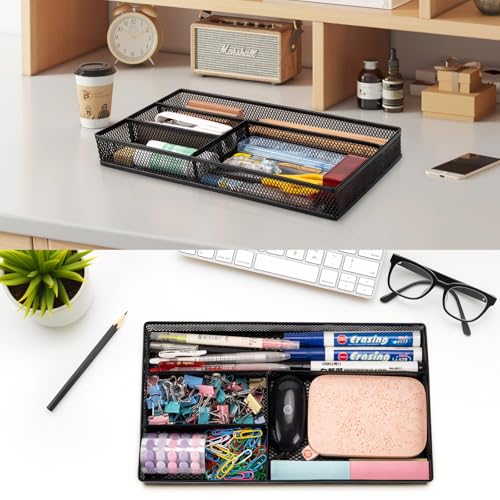 shenee Desk Drawer Organizer Tray,Drawer Organizer for Office and Home,Desk Organizer with Drawers,4 Compartments,Non-Slip Desk Organizers and Accessories for Stationery Makeup School (Black)