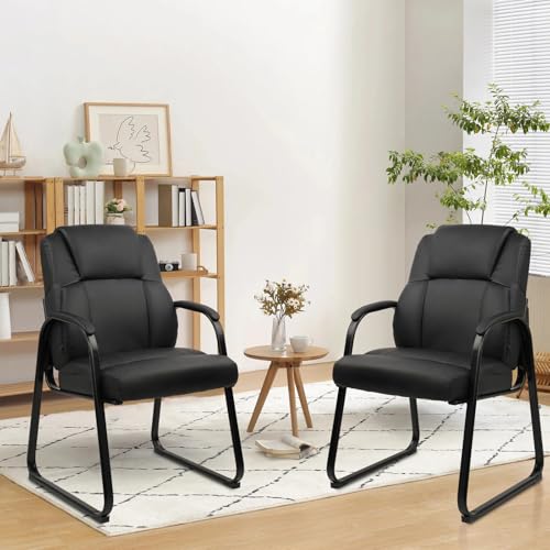 CLATINA Leather Guest Chair with Padded Arm Rest for Reception Meeting Conference and Waiting Room Side Office Home Black with Sled Base 2 Pack