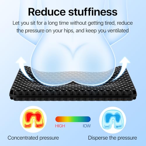 Gel Seat Cushion, Cooling Thick Big Breathable Honeycomb Design Absorbs Pressure Points Seat Cushion with Non-Slip Cover for Office Chair Home Cars Wheelchair