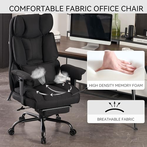 Efomao Big and Tall Office Chair 400 lb Weight Capacity, High Back Executive Office Chair with Foot Rest, Fabric Computer Chair for Back Pain Relief, Black
