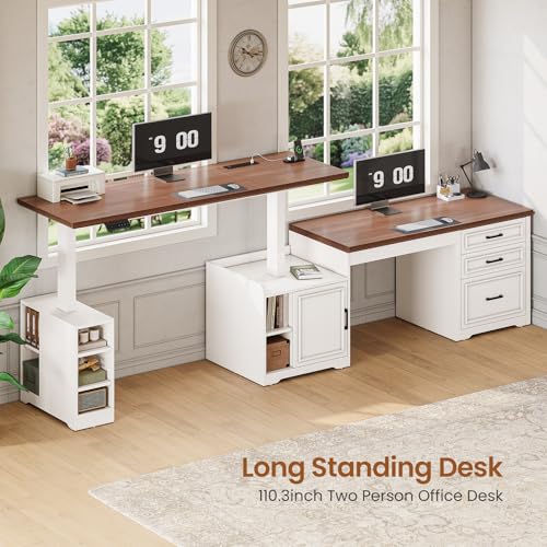 SEDETA Farmhouse L Shaped Electric Standing Desk, 63" x 67" Height Adjustable Home Office Executive Desk with Drawers, Standing Computer Desks with Power Outlet for Home Office, White+Brown