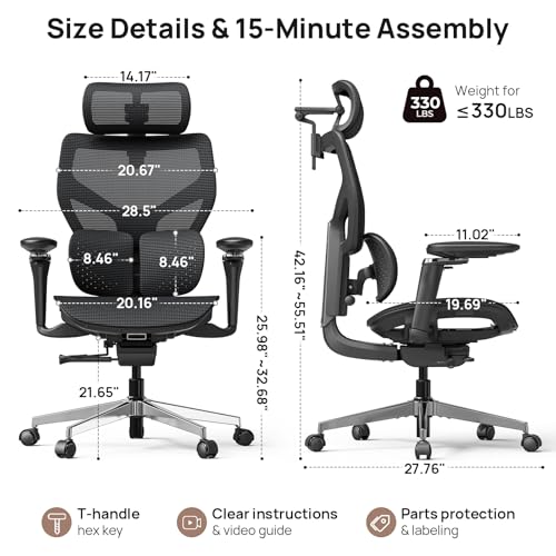 Ergonomic Office Chair with Lumbar Support - Over 10 Hours Sitting Comfortable, Mesh Big and Tall Home Computer Desk Chairs, 4D Headrest, 630° Armrst, Seat Depth Adjustable, 330 LBS