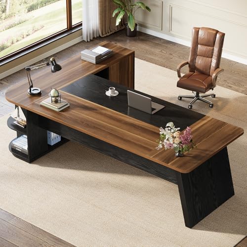 Tribesigns 79-Inch Executive Desk, Large Office Desk with Cabinet, L-Shaped Compter Desk with Storage Shelves, Writing Table for Home Office, Brown and Black