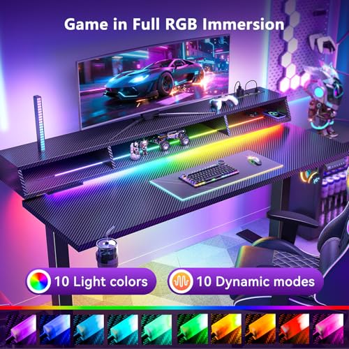 OffiGo Gaming Standing Desk with LED Light, 55 Inch Electric Height Adjustable Table with Power Outlet & Monitor Stand, Sit Stand Computer Workstation for Home, Bedroom, Black