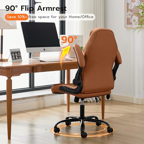 Ylzyxal Office Desk Chair, Ergonomic Computer Chair with Padded Flip-Up Arms and Adjustable Lumbar Support, PU Leather Executive Chair with Tilt Lock and 360° Swivel Rolling Wheels for Work, Study