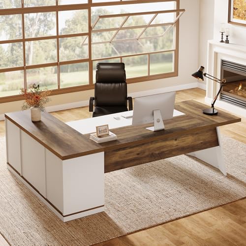 Tribesigns 78.7" L-Shaped Executive Desk, Modern Office Desk with 55.1" Storage Cabinet, Large Computer Table with Drawers, Business Furniture Workstation for Home Office, Brown & White