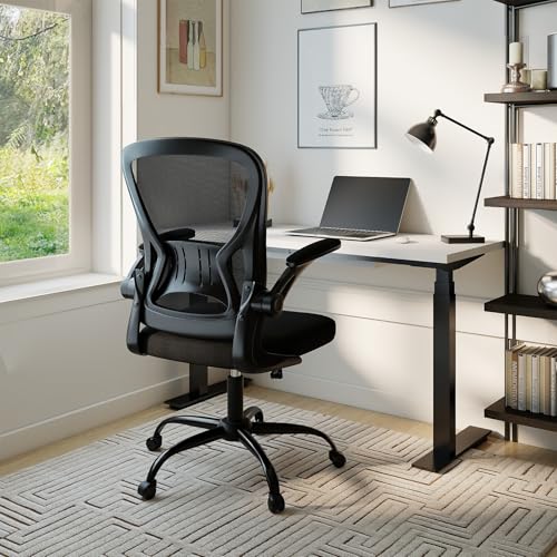 Youhauchair Mesh Office Chair, Ergonomic Home Office Desk Chairs with Flip-up Arms and Lumbar Support, Height Adjustable, Black