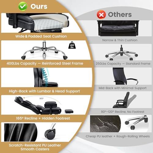 Stella Mia Big & Tall Office Chair 400 lbs – 21.3" Wide Seat High Back Ergonomic Executive Chair with Retractable Footrest, Heavy Duty Computer Gaming Chair for Heavy People, Black