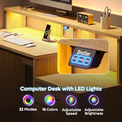 Bestier 55" Computer Desk with Power Outlets & LED Lights, Home Office Desk with Lockable File Drawer & Printer Shelf, Monitor Stand, Modern Workstation for Gaming Study, Natural Oak