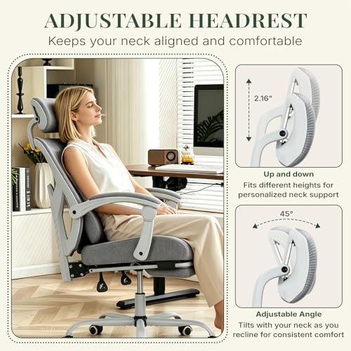 HAPPYMONT Ergonomic Office Chair with Footrest, High Back Home Desk Chair with Lumbar Support & Headrest, 90-135° Reclining Mesh Back Computer Chair with Wheels for Work, Gaming, Grey